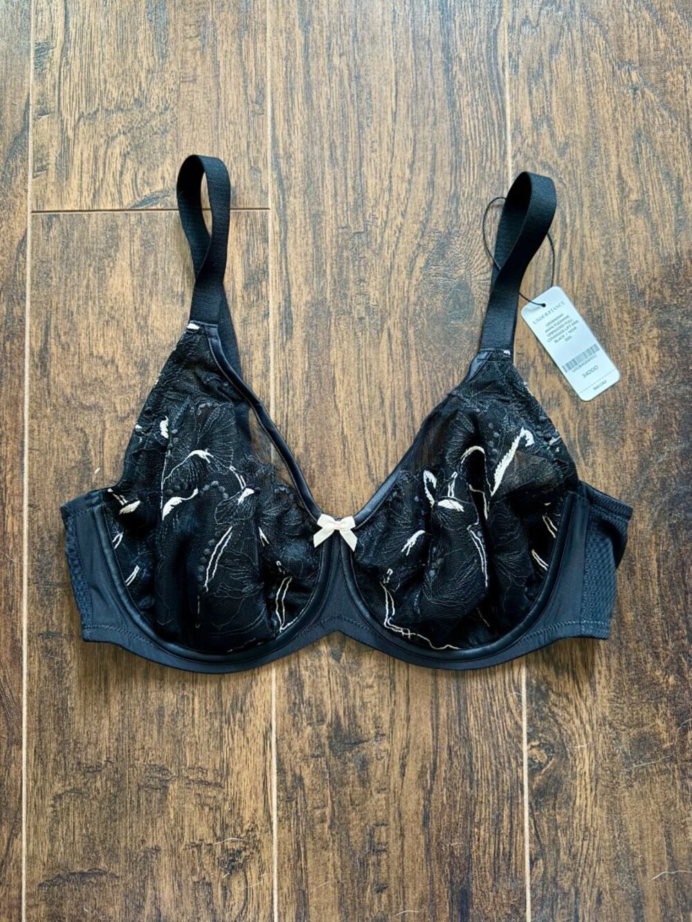 NWT Understance Anya Crane Embroidery Flexwire Bra Black 34DDD